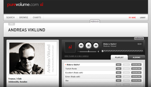 Artist profile layout on puevolume.com music